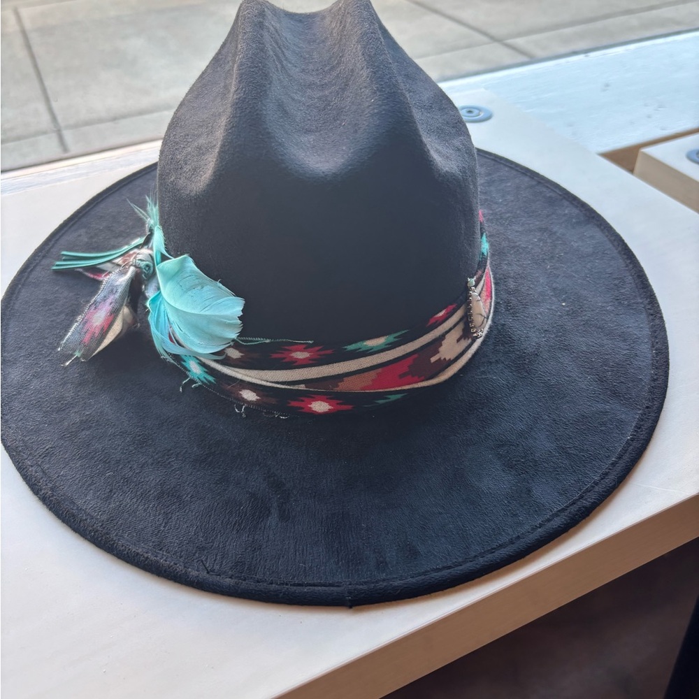 Black Wide Brim Hat with Feather Accent